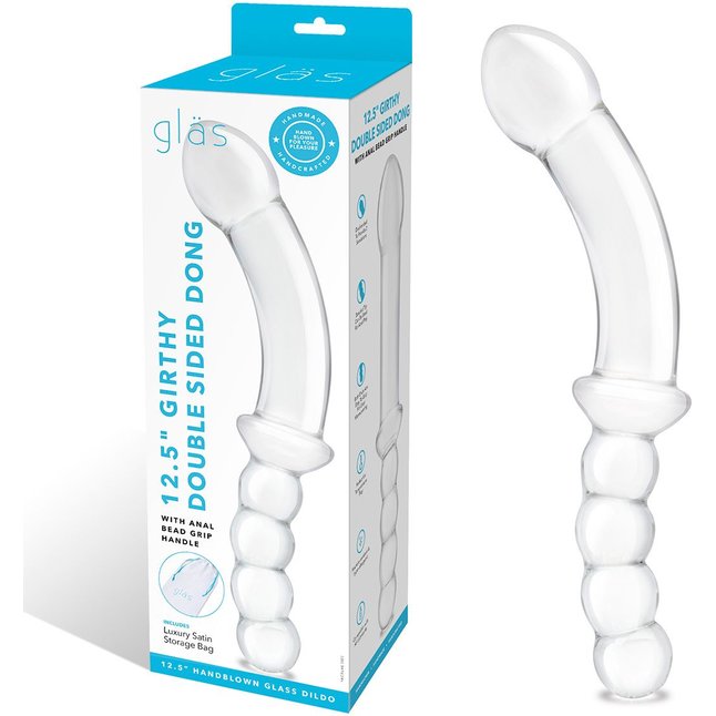 Стеклянный двусторонний фаллоимитатор 12,5’’ Girthy Double Sided Dong With Anal Bead Grip Handle - 32 см. Фотография 2.