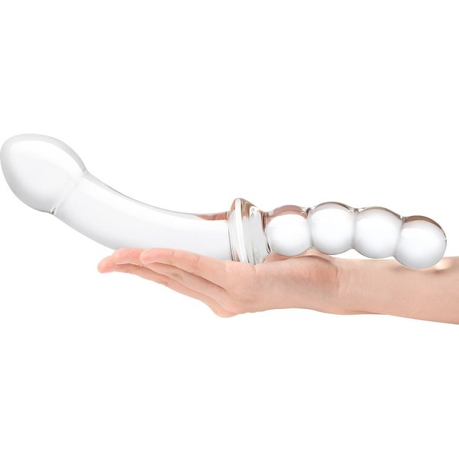 Стеклянный двусторонний фаллоимитатор 12,5’’ Girthy Double Sided Dong With Anal Bead Grip Handle - 32 см. Фотография 5.