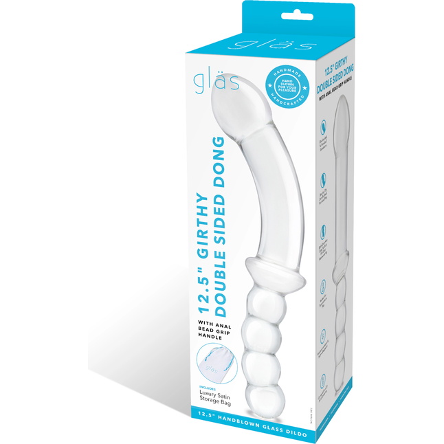 Стеклянный двусторонний фаллоимитатор 12,5’’ Girthy Double Sided Dong With Anal Bead Grip Handle - 32 см. Фотография 7.