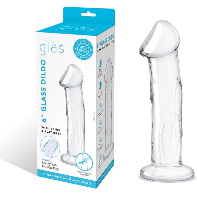 Прозрачный стеклянный фаллоимитатор 6’’ Glass Dildo With Veins Flat Base - 15,2 см. Фотография 2.