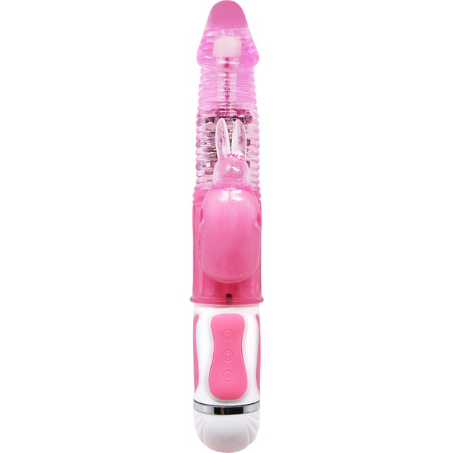 Розовый вибромассажер-ротатор со стимулятором клитора - 28 см. Фотография 2.