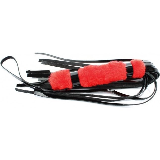 Черная лаковая плеть с красной меховой рукоятью - 44 см - BDSM Light