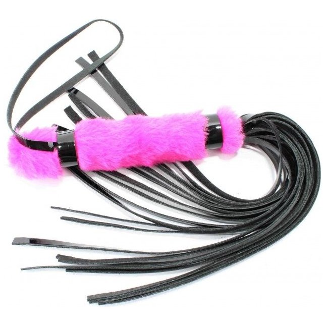 Черная лаковая плеть с розовой меховой рукоятью - 44 см - BDSM Light