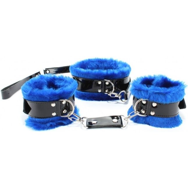 Черно-синие меховые наручники и ошейник с поводком - BDSM Light