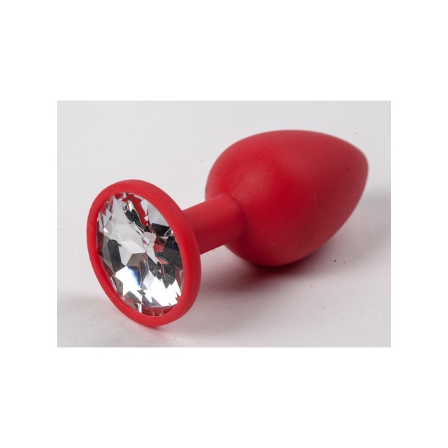 Красная силиконовая анальная пробка с прозрачным стразом - 7,1 см