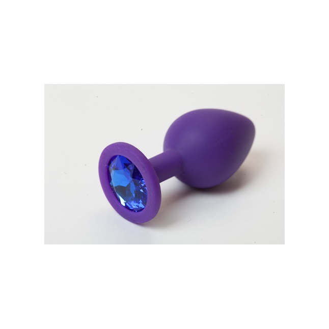 Фиолетовая силиконовая анальная пробка с голубым стразом - 8,2 см