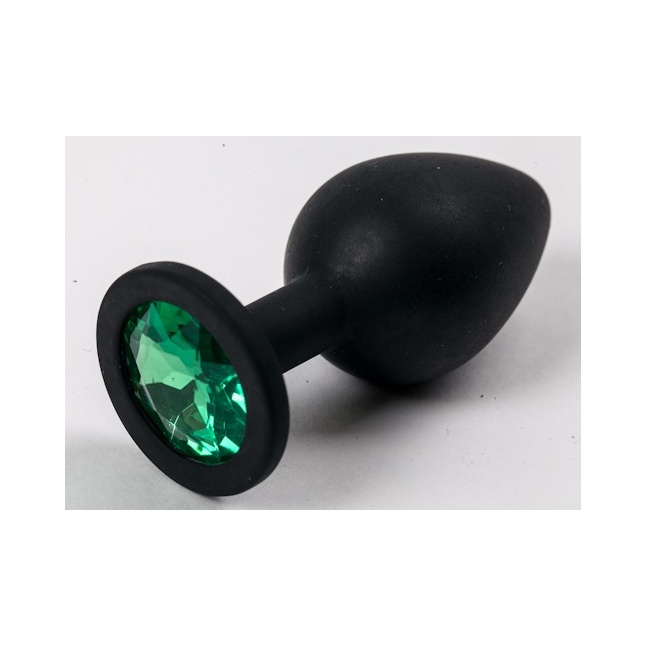 Черная силиконовая анальная пробка с зеленым стразом - 8,2 см