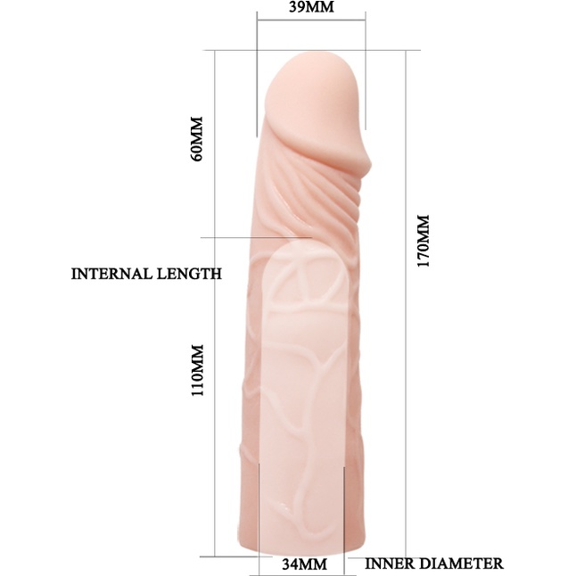Удлиняющая насадка на пенис телесного цвета - 18 см. Фотография 4.
