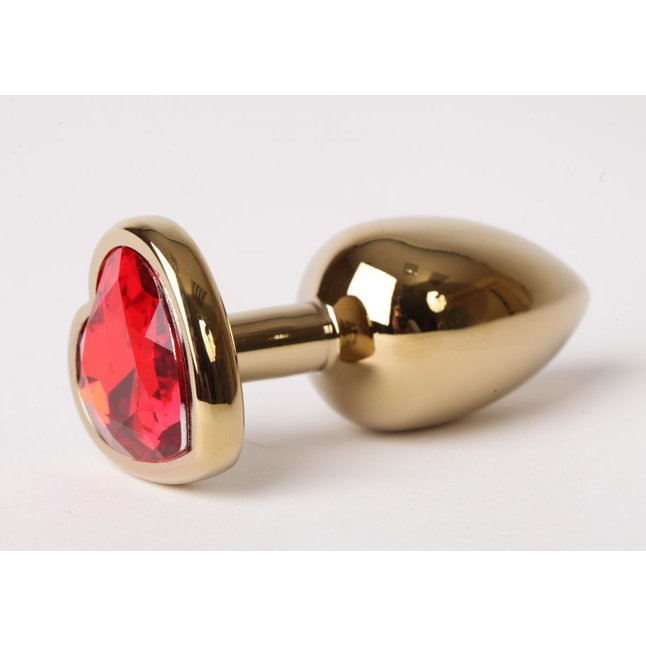 Золотистая анальная пробка с красным стразиком-сердечком - 7,5 см. Фотография 2.