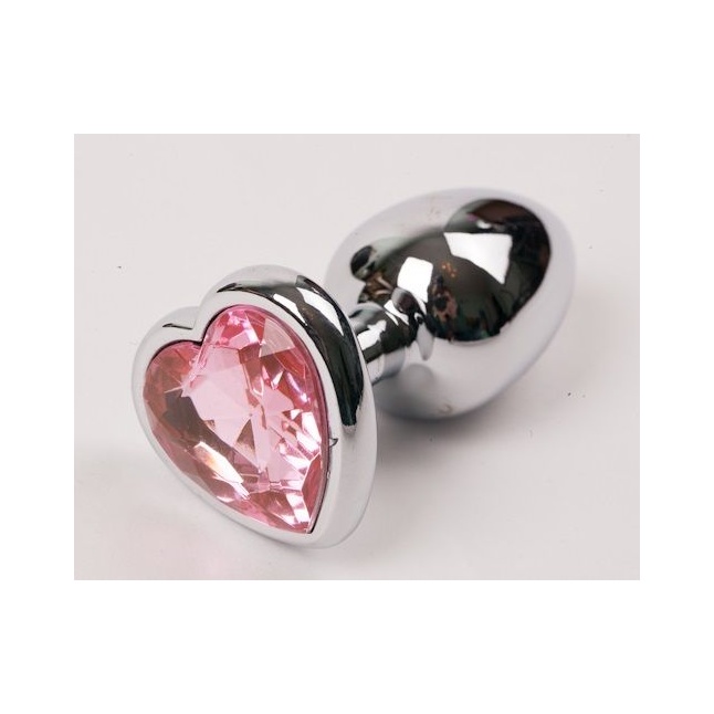 Серебристая анальная пробка с розовым стразиком-сердечком - 8 см