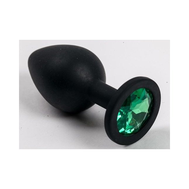 Черная силиконовая анальная пробка с зеленым кристаллом - 9,5 см