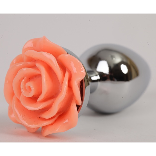 Серебристая анальная пробка с оранжевой розой - 7,6 см