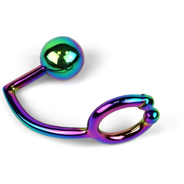 Радужное эрекционное кольцо с анальным плагом Rainbow Horse Shoe Ring with 40mm Diameter Ball. Фотография 2.