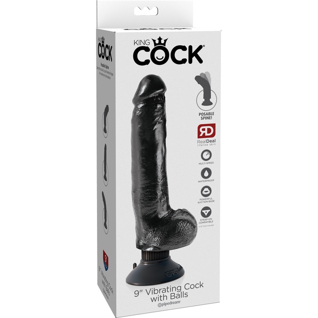 Чёрный виброфаллос со съемной присоской 9 Vibrating Cock with Balls - 22,9 см - King Cock. Фотография 7.