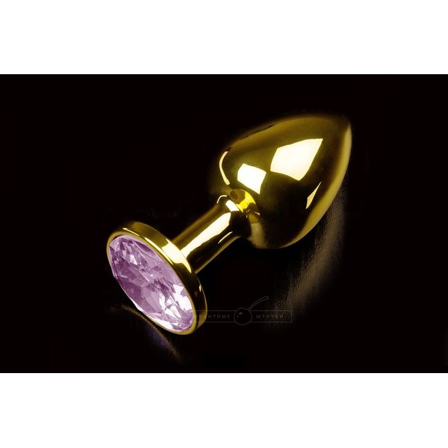 Маленькая золотистая анальная пробка с круглым кончиком и розовым кристаллом - 7 см