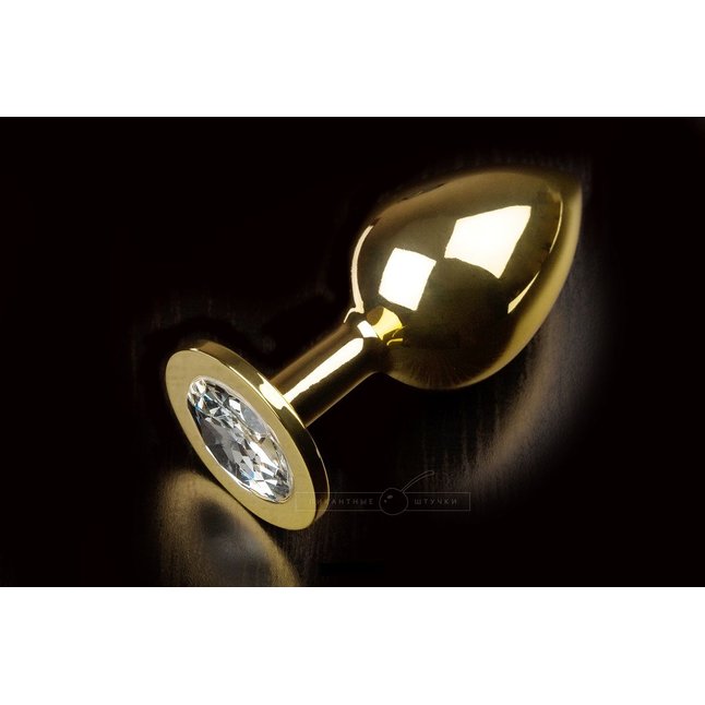 Большая золотая анальная пробка с закругленным кончиком и прозрачным кристаллом - 9 см