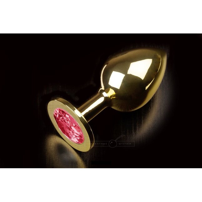 Большая золотая анальная пробка с закругленным кончиком и рубиновым кристаллом - 9 см