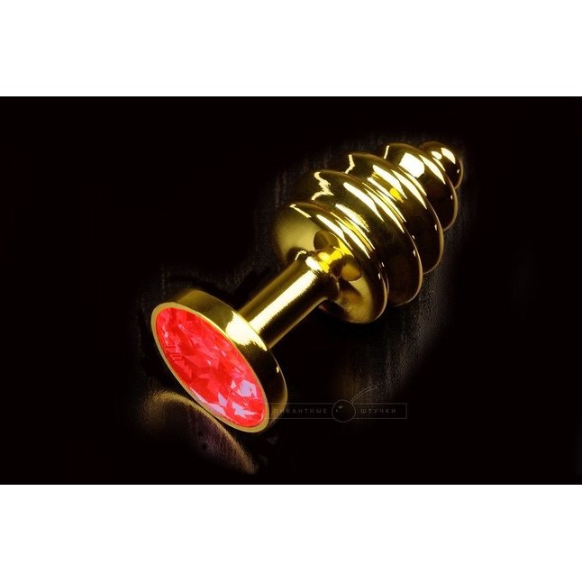 Золотистая маленькая витая пробка с красным кристаллом - 7 см