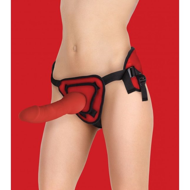 Красный страпон Deluxe Silicone Strap On 10 Inch - 25,5 см - Ouch!. Фотография 5.