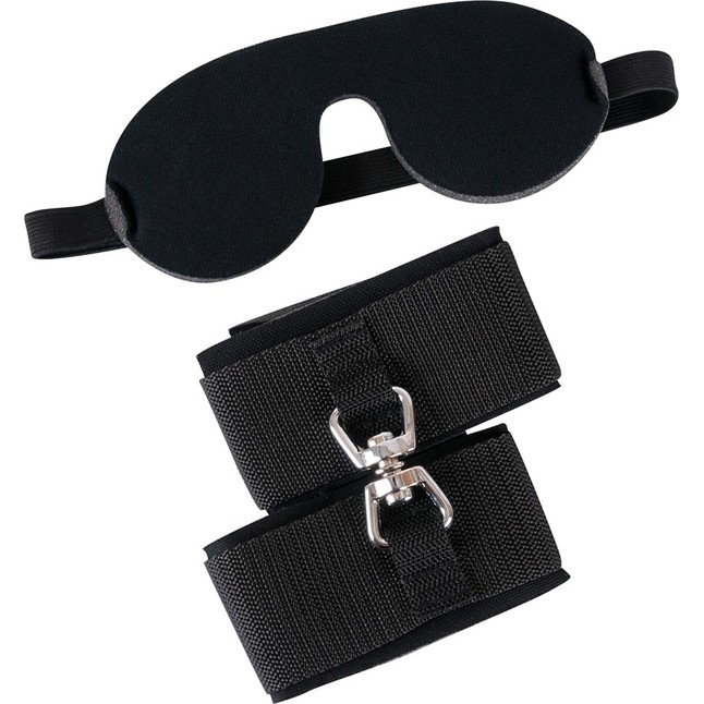 Набор БДСМ: наручники и маска на глаза чёрного цвета - Bad Kitty. Фотография 2.