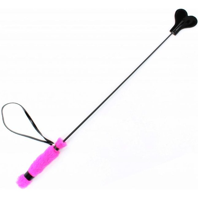 Черный лаковый стек с розовой меховой ручкой - 61 см - BDSM Light