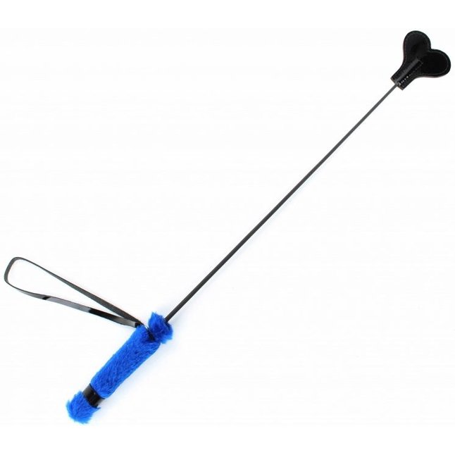 Черный лаковый стек с синей меховой ручкой - 61 см - BDSM Light