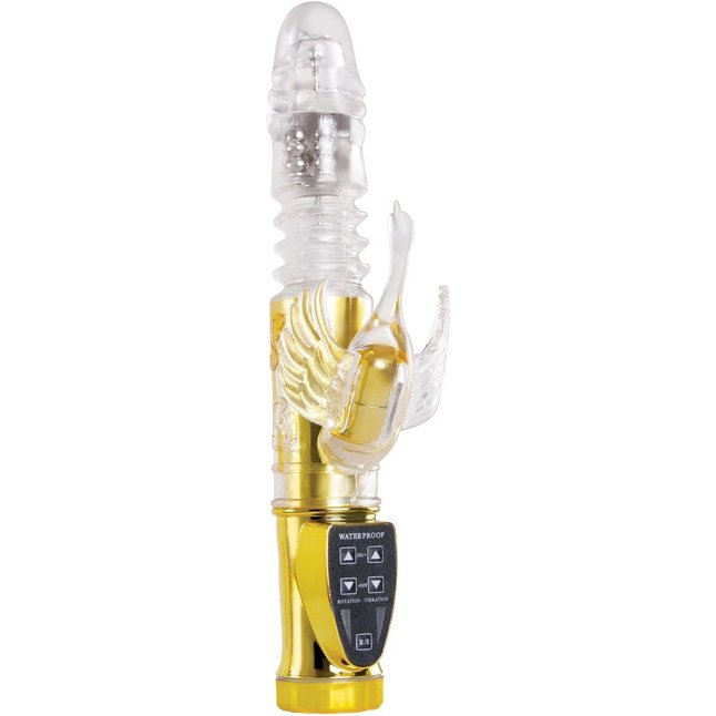 Золотистый вибратор с клиторальным отростком в форме птички Wyld Vibes Swan - 24 см - Wyld Vibes