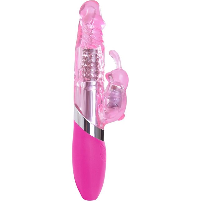 Розовый вибратор с вращением бусин и клиторальным зайчиком Power Play O-Bunny - 21,5 см - Power Play