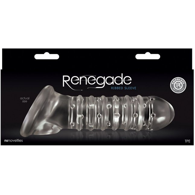 Прозрачная насадка на пенис с точками, рёбрами и подхватом мошонки Renegade Ribbed Sleeve - Renegade. Фотография 2.