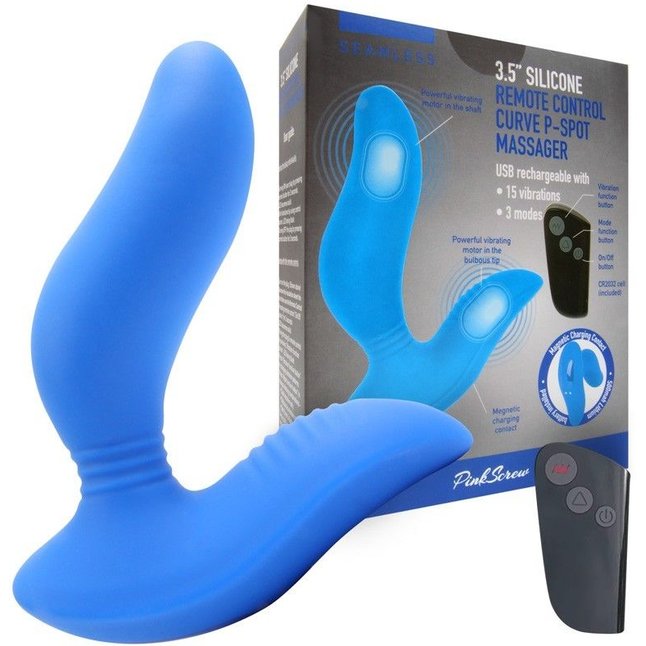 Синий вибромассажер простаты 3,5’’ Remote Control Curve P-spot Massager - 12 см. Фотография 2.