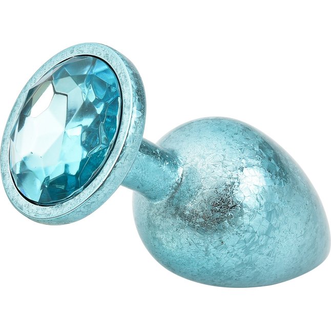 Голубая алюминиевая анальная пробка с кристаллом - 6 см