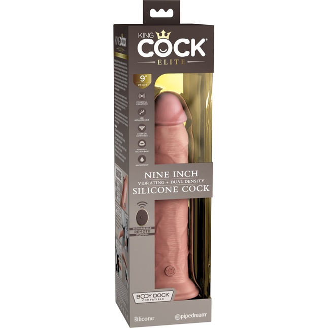 Телесный вибратор-реалистик на присоске 9’’ Vibrating Silicone Dual Density Cock - 24,8 см - King Cock Elite. Фотография 2.