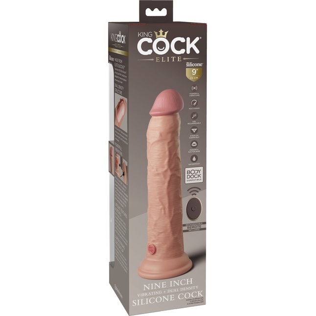 Телесный вибратор-реалистик на присоске 9’’ Vibrating Silicone Dual Density Cock - 24,8 см - King Cock Elite. Фотография 9.