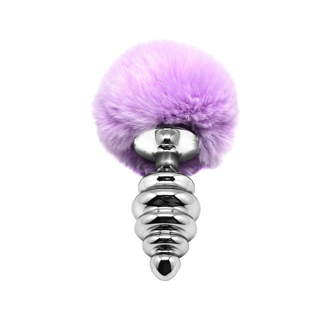 Серебристая анальная пробка с сиреневым мехом Metal Anal Fluffly Twist Plug L - Alive. Фотография 2.