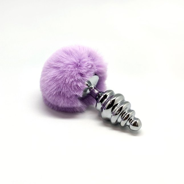 Серебристая анальная пробка с сиреневым мехом Metal Anal Fluffly Twist Plug L - Alive. Фотография 3.