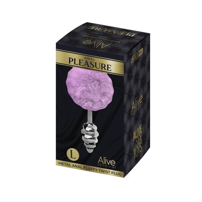 Серебристая анальная пробка с сиреневым мехом Metal Anal Fluffly Twist Plug L - Alive. Фотография 4.
