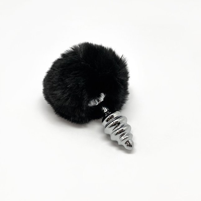 Серебристая анальная пробка с черным хвостиком Metal Anal Fluffly Twist Plug S - Alive. Фотография 2.