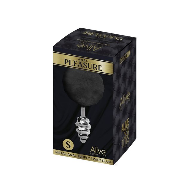 Серебристая анальная пробка с черным хвостиком Metal Anal Fluffly Twist Plug S - Alive. Фотография 3.