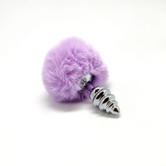 Серебристая анальная пробка с сиреневым помпоном Metal Anal Fluffly Twist Plug S - Alive. Фотография 2.