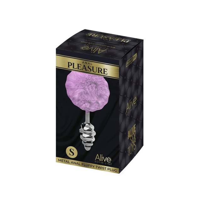 Серебристая анальная пробка с сиреневым помпоном Metal Anal Fluffly Twist Plug S - Alive. Фотография 3.