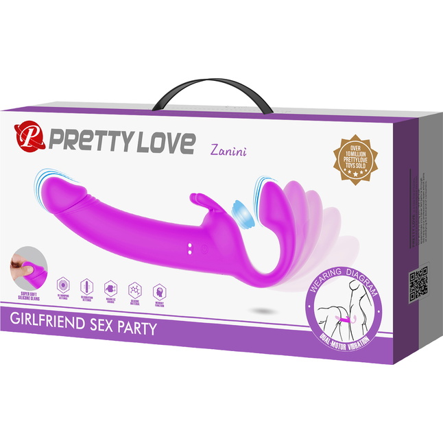 Лиловый безремневой страпон с вибрацией Zanini - Pretty Love. Фотография 9.