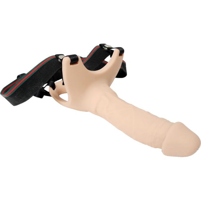 Телесный полый страпон на ремешках - 16,5 см. Фотография 5.