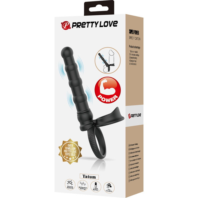 Черная насадка на член для двойного проникновения Tatum с вибрацией - Pretty Love. Фотография 9.