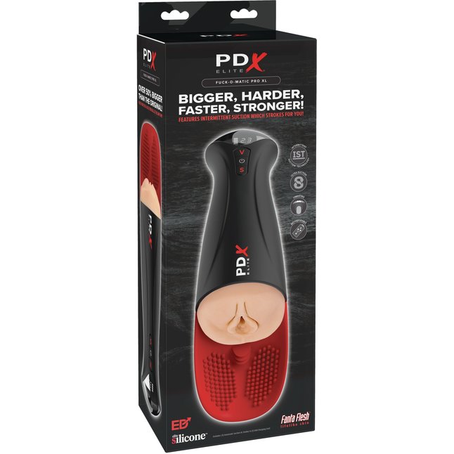 Телесный мастурбатор-вагина в черной колбе с вибрацией Fuck-O-Matic Pro XL - PDX Elite. Фотография 5.