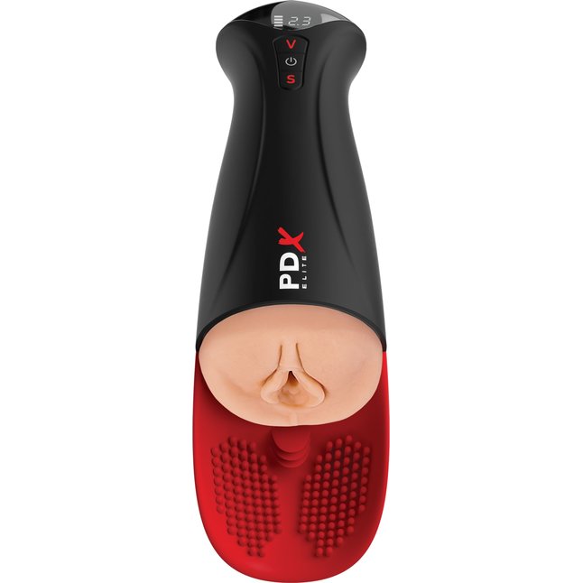 Телесный мастурбатор-вагина в черной колбе с вибрацией Fuck-O-Matic Pro XL - PDX Elite