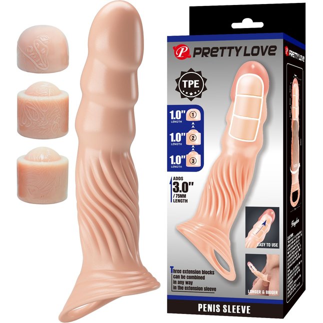 Телесная насадка на пенис с тремя вкладышами-удлинителями - 24 см - Pretty Love. Фотография 3.