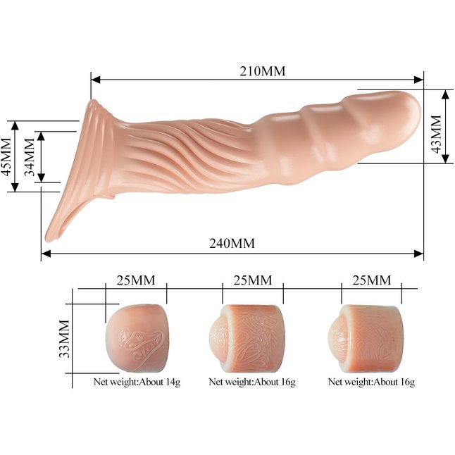 Телесная насадка на пенис с тремя вкладышами-удлинителями - 24 см - Pretty Love. Фотография 7.