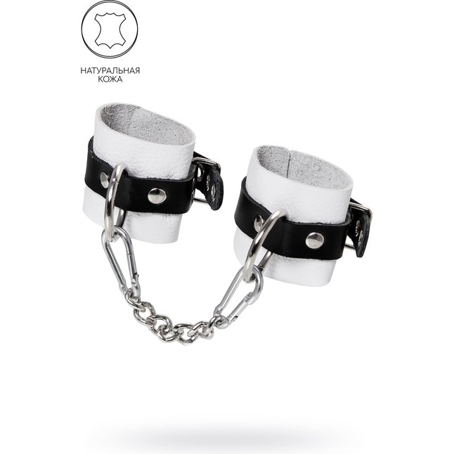 Бело-черные кожаные наручники с одним ремешком с люверсами