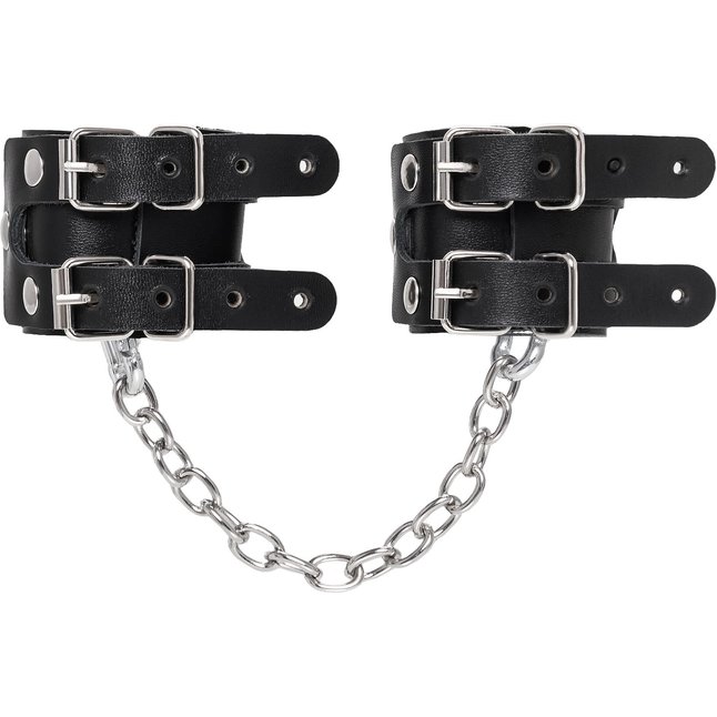 Черные кожаные наручники-браслеты с двумя ремешками. Фотография 3.