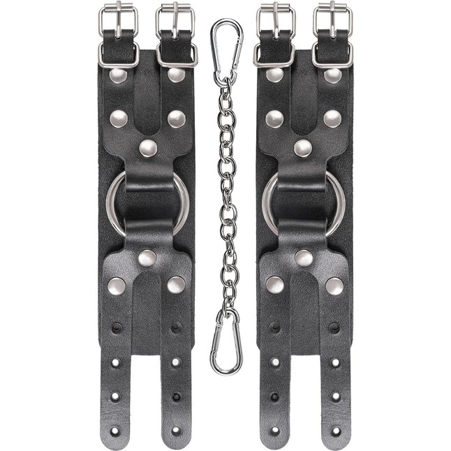 Черные кожаные наручники-браслеты с двумя ремешками. Фотография 5.
